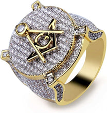 Load image into Gallery viewer, YOSZO Freemason Rings for Men Gold Masonic Ring Iced out Hip Hop 14K Gold Plated Punk Diamond Ring Rapper Costume