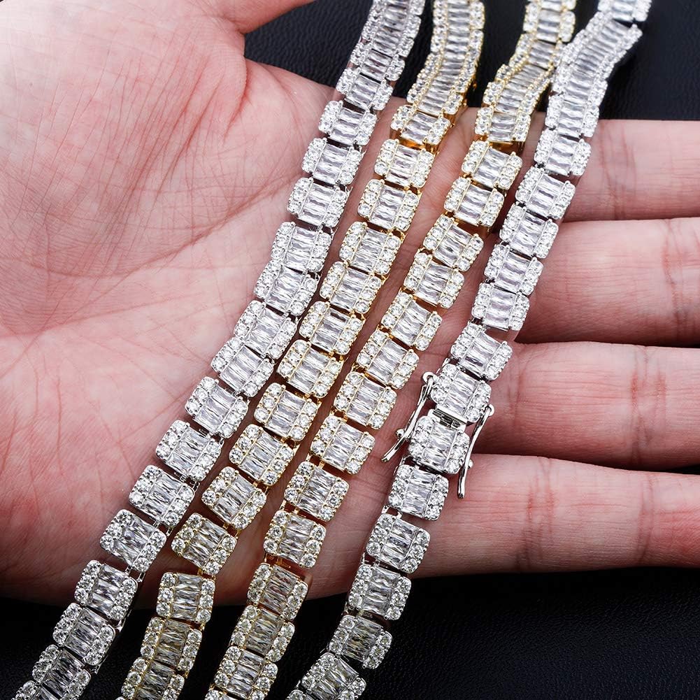 YOSZO 10MM 6 Times Gold Platinum Plated Full Bling Iced Out Baguette Round Clustered Tennis Chain CZ Lab Simulated Diamond chocker Necklace for Men