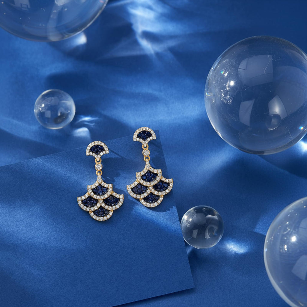 Scale & Wave Earrings for Women, 14K Gold Plated 925 Sterling Silver, Blue & White Zirconia Scale Design, Hypoallergenic Statement Earrings for Sensitive Ears, Meaningful Gift for Friends