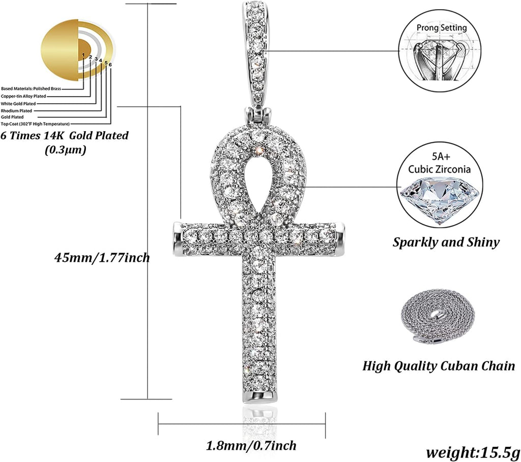 YOSZO Ankh Cross Pendant 18K Gold Plated Fully Iced Out CZ Egyptian Ankh Religious Chain Necklace for Men Women