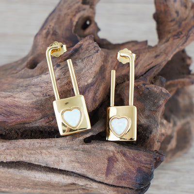 Promise Lock Stud Earrings for Women, 14K Gold Plated 925 Silver Heart Opal Earrings, Romantic Valentine's Day Gift for Girlfriend Wife, Minimalist Love Jewelry