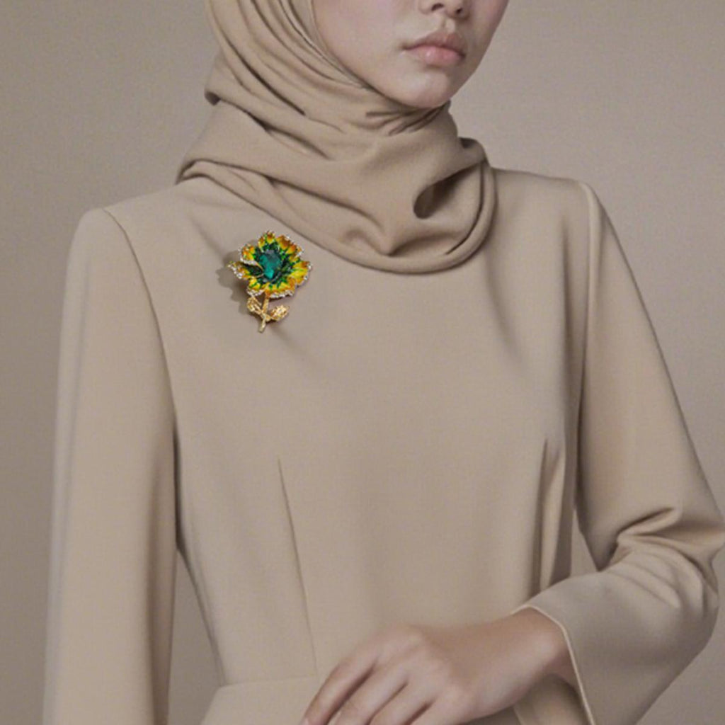 Flower Shaped Enamel Brooch with Green Rhinestones | Elegant Accessory for Women