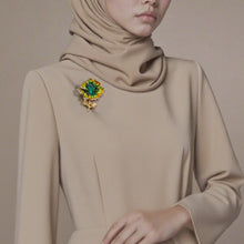 Load image into Gallery viewer, Flower Shaped Enamel Brooch with Green Rhinestones | Elegant Accessory for Women