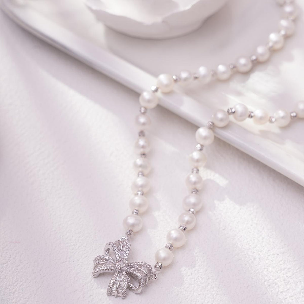 【Necklace】Silver Elegant Natural Freshwater Pearl Necklace with Shining Zircon Accent, Perfect Jewelry for Lover