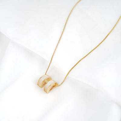【Necklace】Pearlescent Cylinder Necklace Gold Stainless Steel Chain Zircon Accent Minimalist Modern Elegant Jewelry for Women