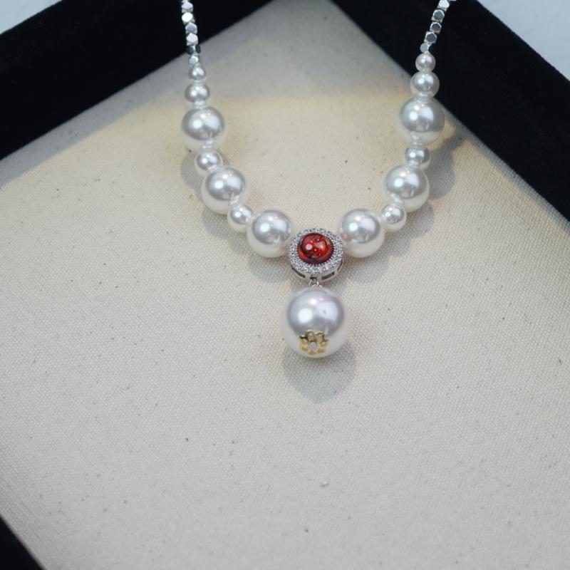【Pendant Necklace】 Silver-Tone Copper Chain with Red Zircon & Graduated Pearls - Layered Pendant Necklace for Women, Minimalist Elegant Jewelry
