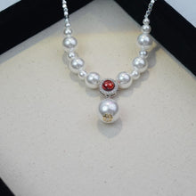 Load image into Gallery viewer, 【Pendant Necklace】 Silver-Tone Copper Chain with Red Zircon &amp; Graduated Pearls - Layered Pendant Necklace for Women, Minimalist Elegant Jewelry