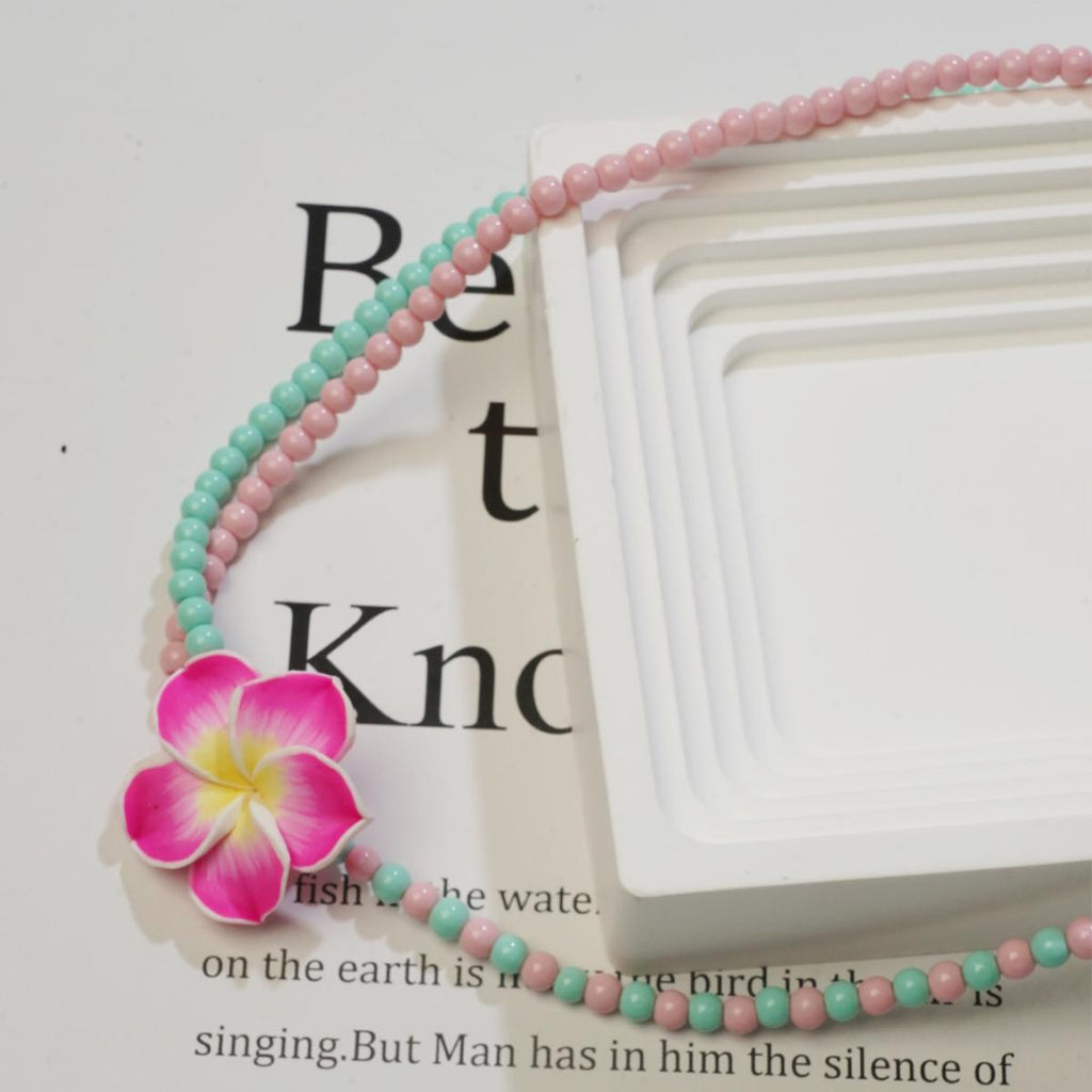 【Beaded Necklace】Pastel Pink & Blue Double - Layer Beaded,Plumeria Pendant Chain, Sweet Vacation Style for Summer Outfits