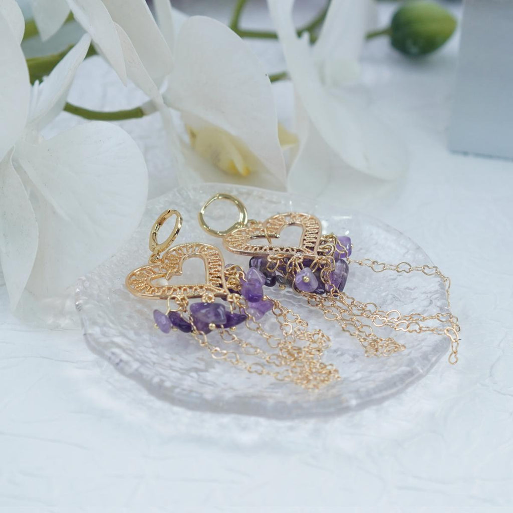 【Earrings】18K Gold Plated Heart Tassel Earrings with Natural Amethyst & Pearl, Romantic Design for Women
