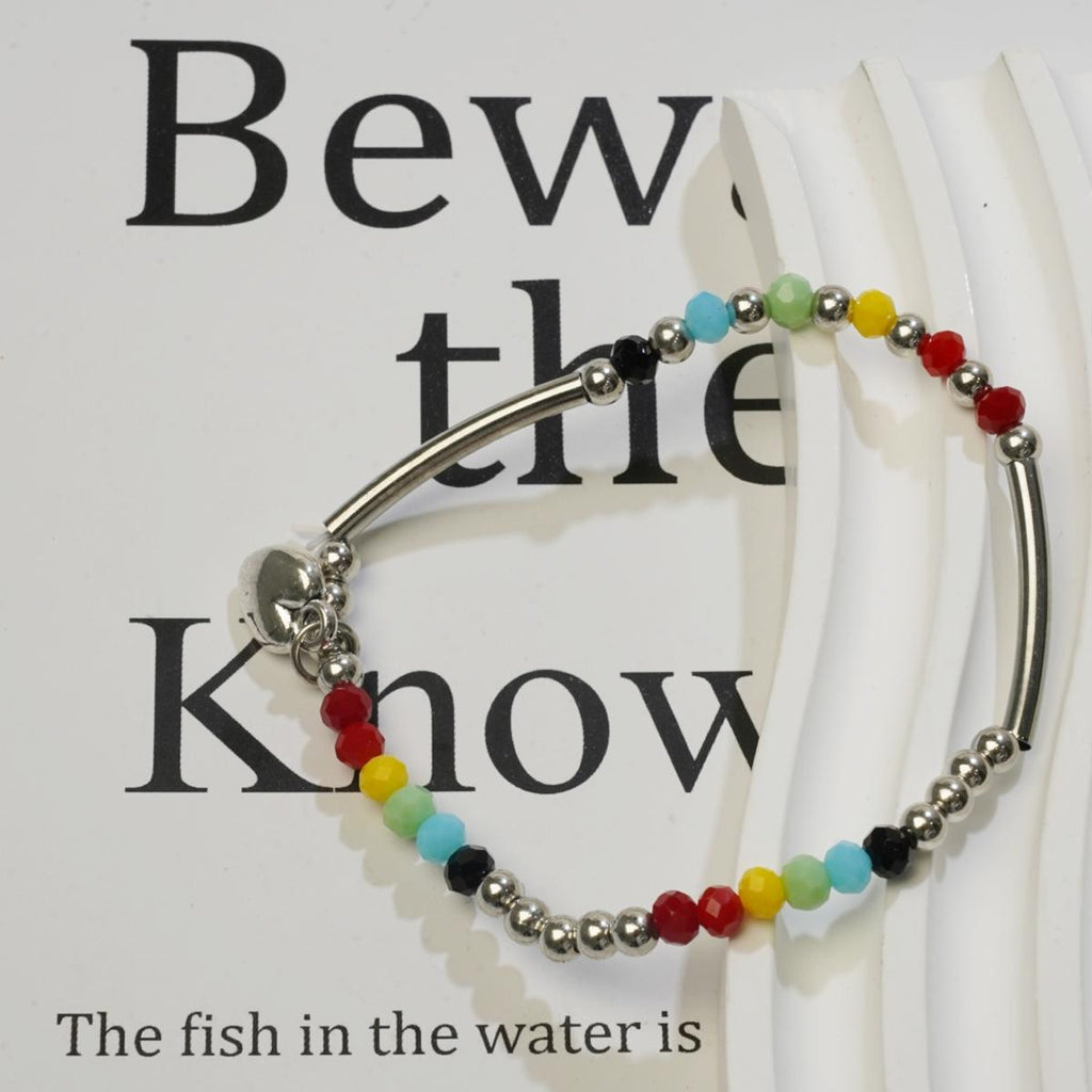 Gelang Manik, Berbilang Warna, dengan Aksen Aloi Perak, Rekaan Pesona Hati Bergaya, Sesuai untuk Gaya Harian Belia Biru Bangles