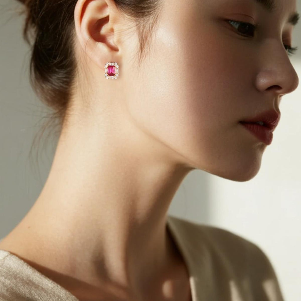 Red Cubic Zirconia Stud Earrings Gold-Tone Copper Princess Cut Gemstone Minimalist Elegant Jewelry for Women