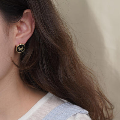 【Stud Earrings】Gold-Edged Black Round Studs W/ Textured Butterfly, Vintage Style