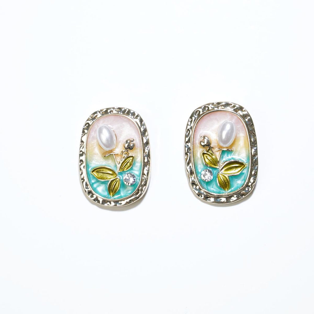 【Stud Earrings】Frame Gradient Pink Blue Earrings with Pearl Zircon Natural Floral Design Romantic for Ladies