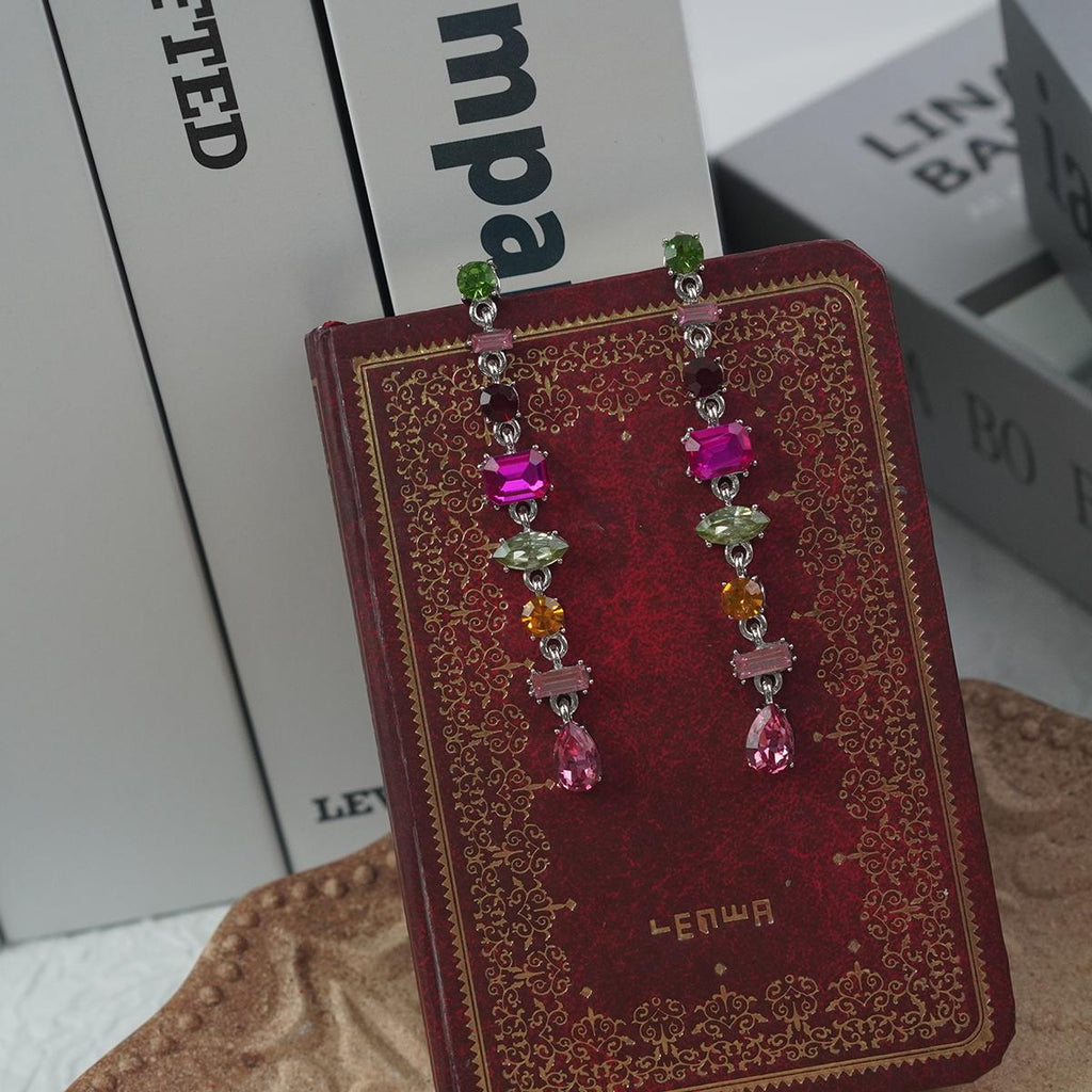 【Drop Earrings】Silver Plated Alloy Earrings with Multi Color Stones, Glam Retro & Artistic Style for Ladies