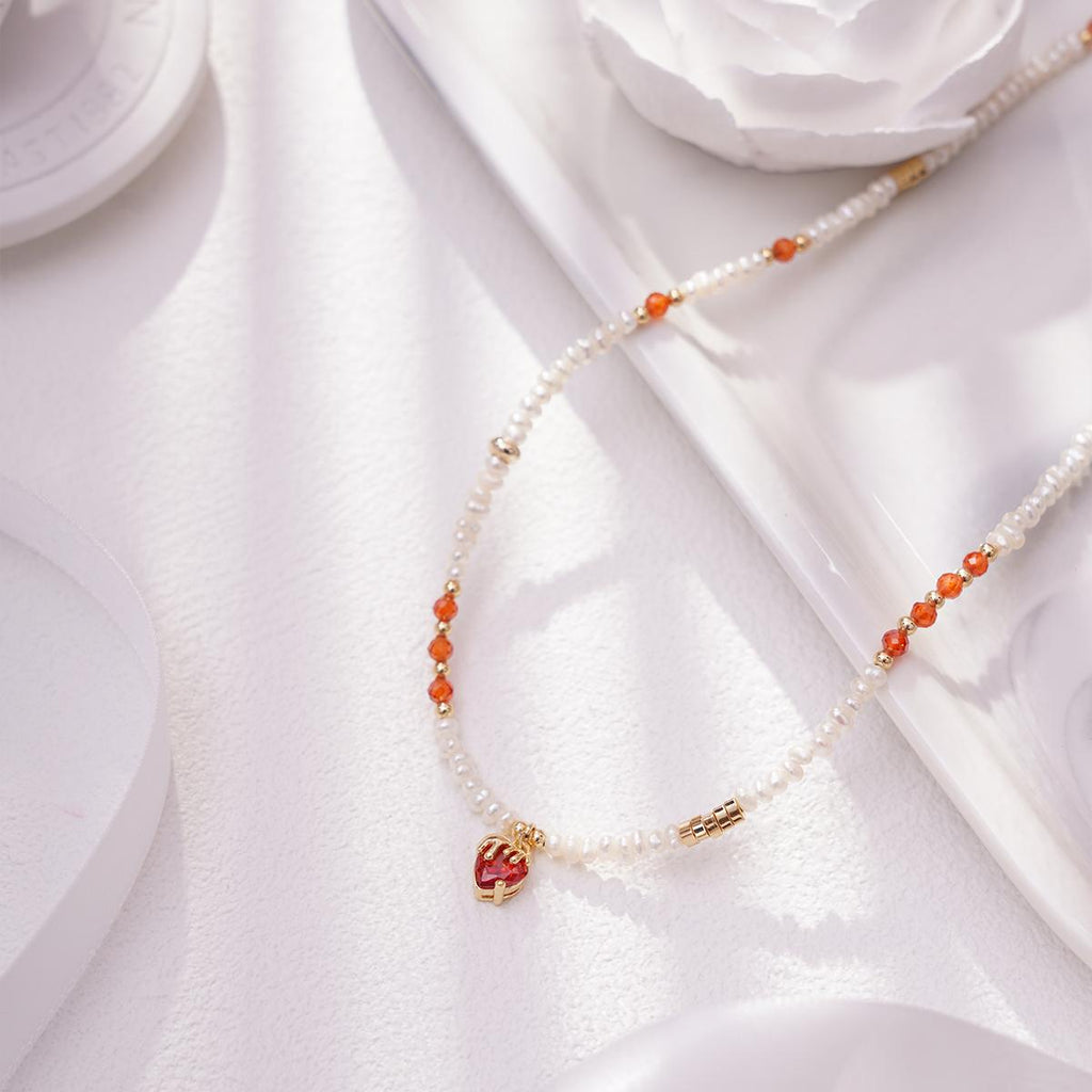 【Pendant Necklace】Red Crystal Copper Chain Natural Freshwater Pearl Beaded Pendant Necklace, Retro Elegant Jewelry Gift for Women