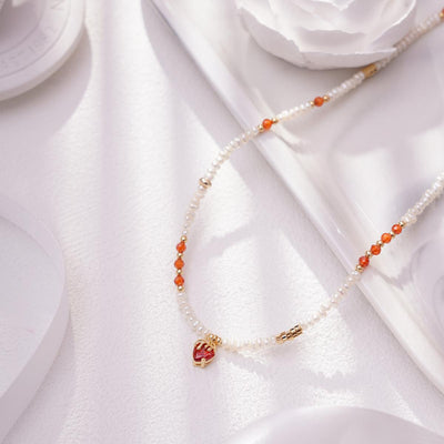 【Pendant Necklace】Red Crystal Copper Chain Natural Freshwater Pearl Beaded Pendant Necklace, Retro Elegant Jewelry Gift for Women