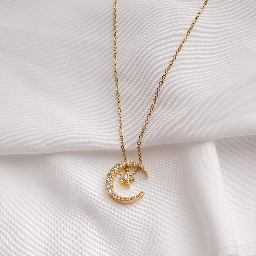 【Pendant Necklace】Moon Star Pendant Necklace Stainless Steel Chain Gold-Tone Crystal Zirconia Celestial Romantic Elegant Jewelry for Women