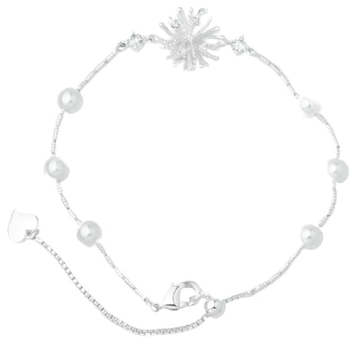 Elegant Snowflake Pearl Bracelet - Silver-Tone Chain with Cubic Zirconia & Faux Pearls, Adjustable Women's Accessory