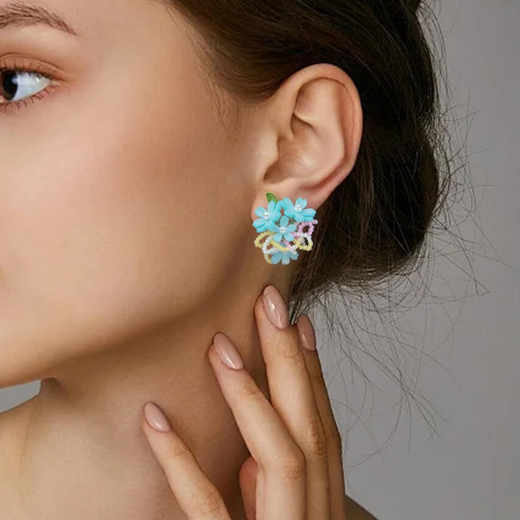 【Earrings】Resin Floral Earrings Pearl Center & Bead Fringe Lightweight Design for Girls'