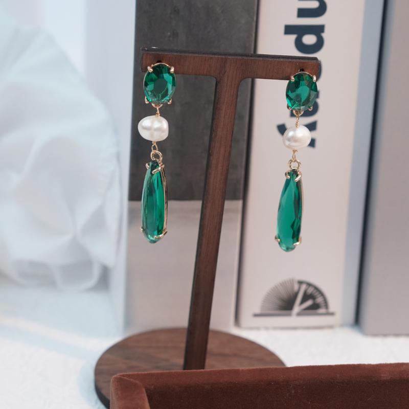【Earrings】Chinese Art Grass & Pearl Drop Earrings Green Gradient Copper Chain Lightweight Earring for Women