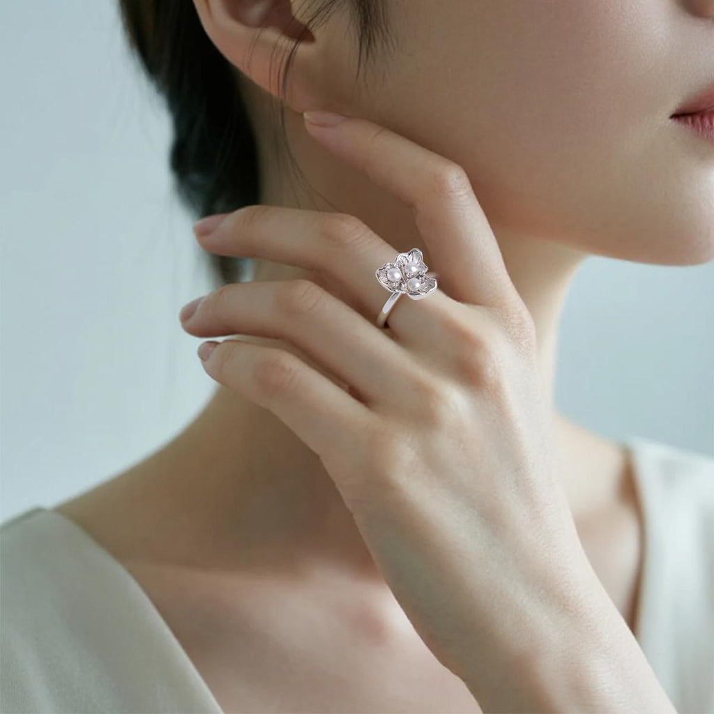 【Jewelry Set】Silver-Made Floral with Natural Freshwater Pearl Jewelry Set, Necklace, Earrings, Ring, Delicate Elegant Jewelry Set for Women