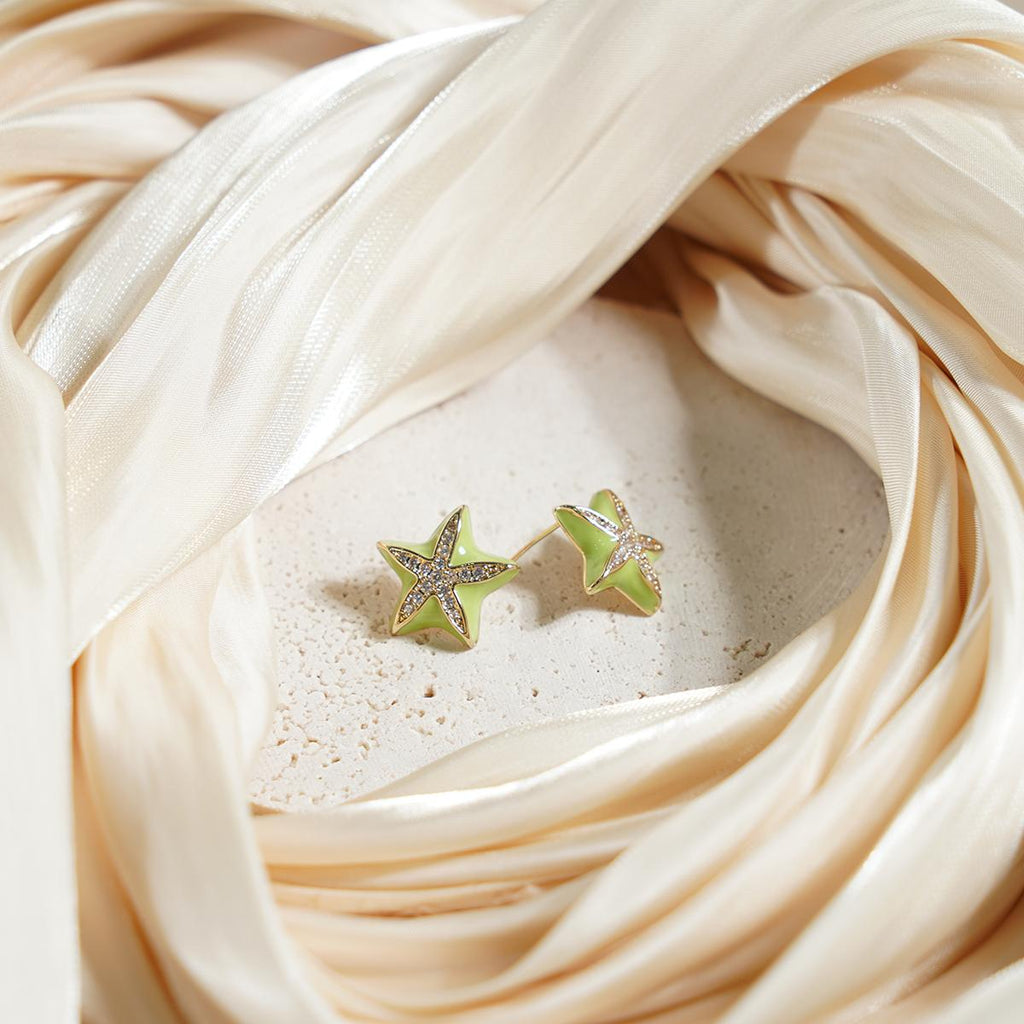 Star Stud Earrings Gold-Tone Copper Green Enamel Zircon Accent Boho Beach Holiday Jewelry Gifts for Women