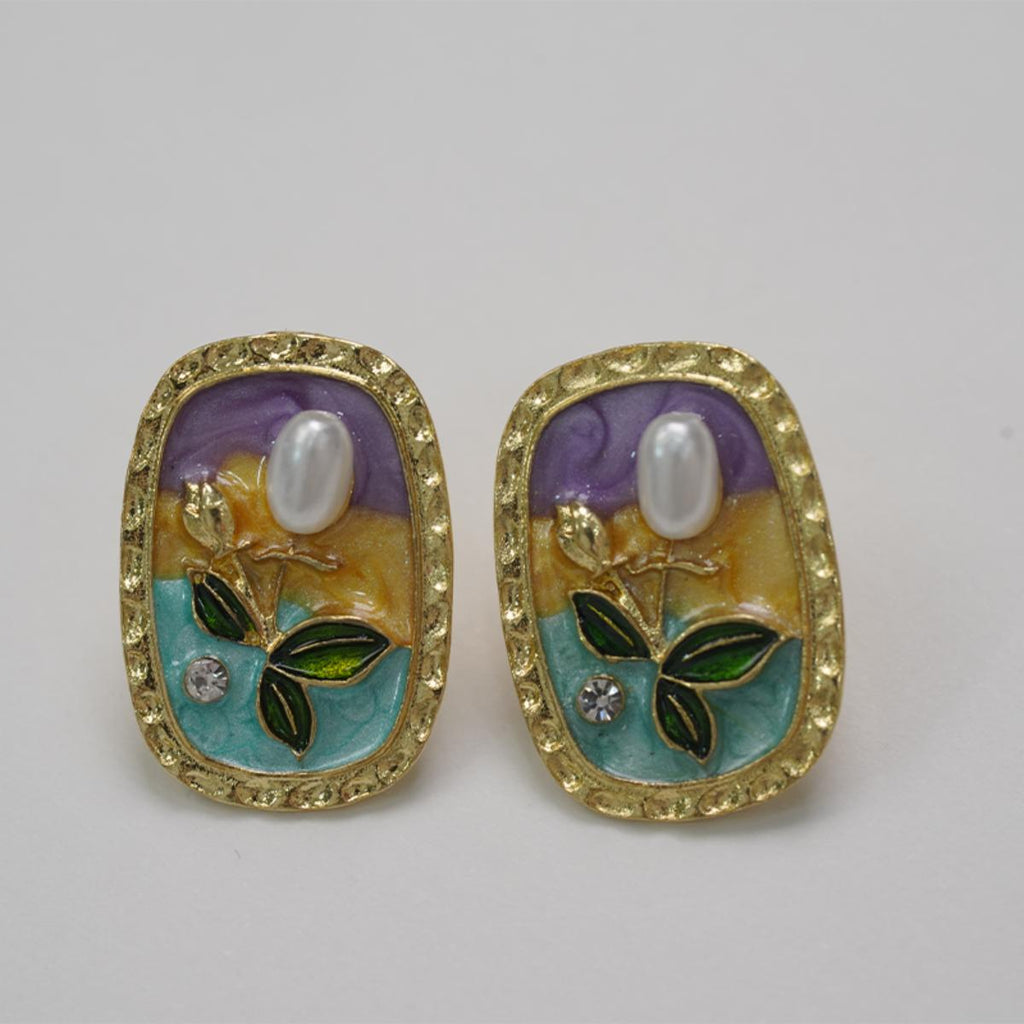 Anting-anting Stud, Gaya Vintaj, Aloi Lukisan Minyak, Bentuk Bujur, Warna Ungu, Emas dan Biru, Sesuai untuk Wanita