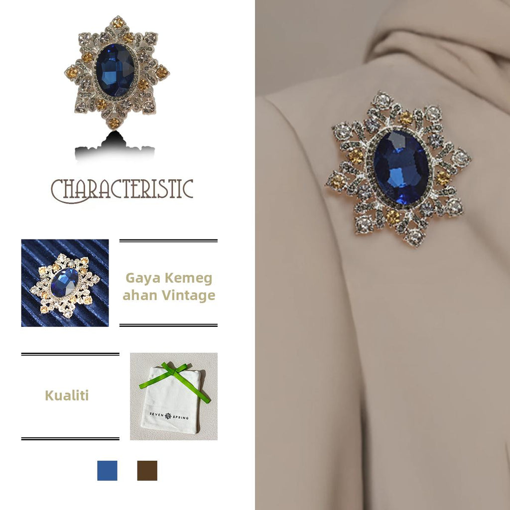 Kerongsang besar bahu Berlian Buatan Biru Bujur, Gaya Vintaj, Kristal dan Zirkon, Elegan, Sesuai untuk Pakaian Formal dan Retro Wanita