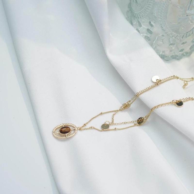 【Pendant Necklace】 Asymmetric Chain Design with Tiger Eye Pendant Necklace for Elegant Women