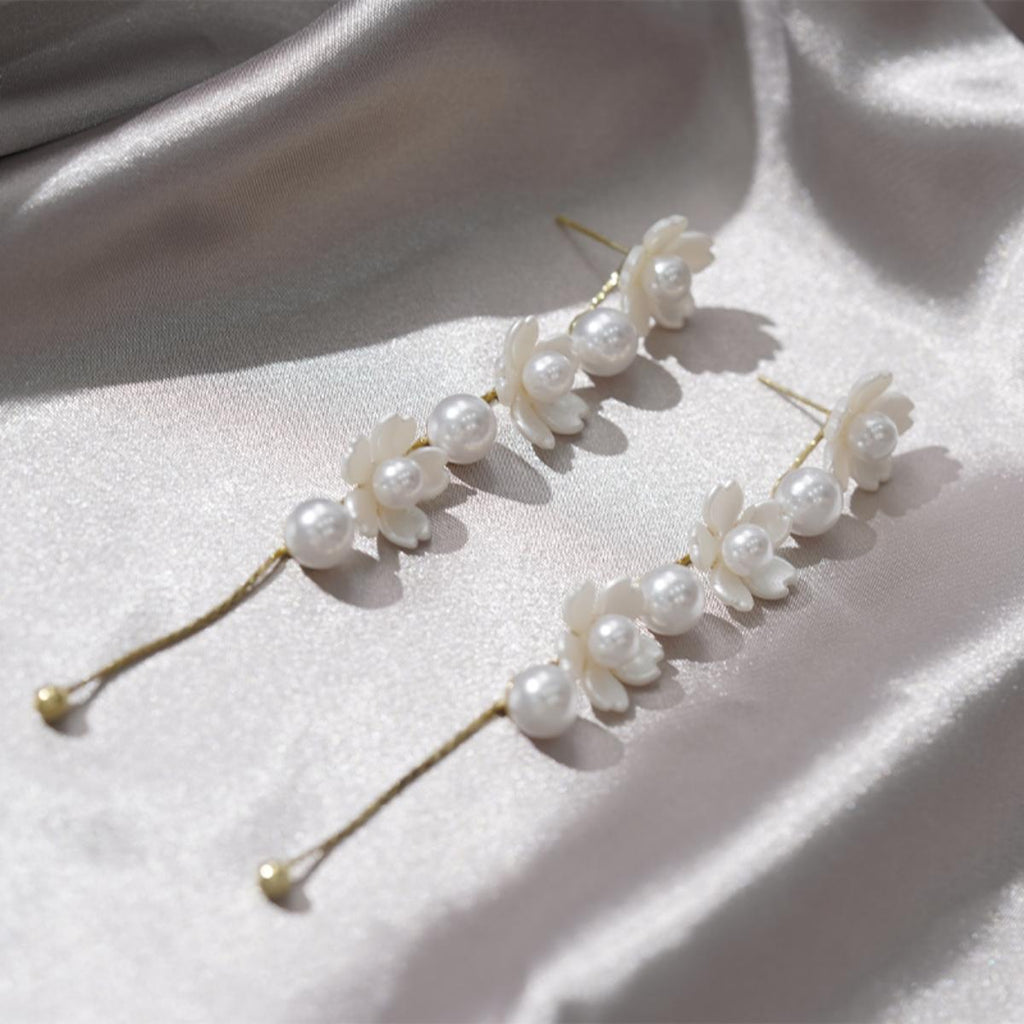 【Drop Earrings】Gold Plated Chain Floral Pearl Drop Dangle Elegant for Daily & Date Wear