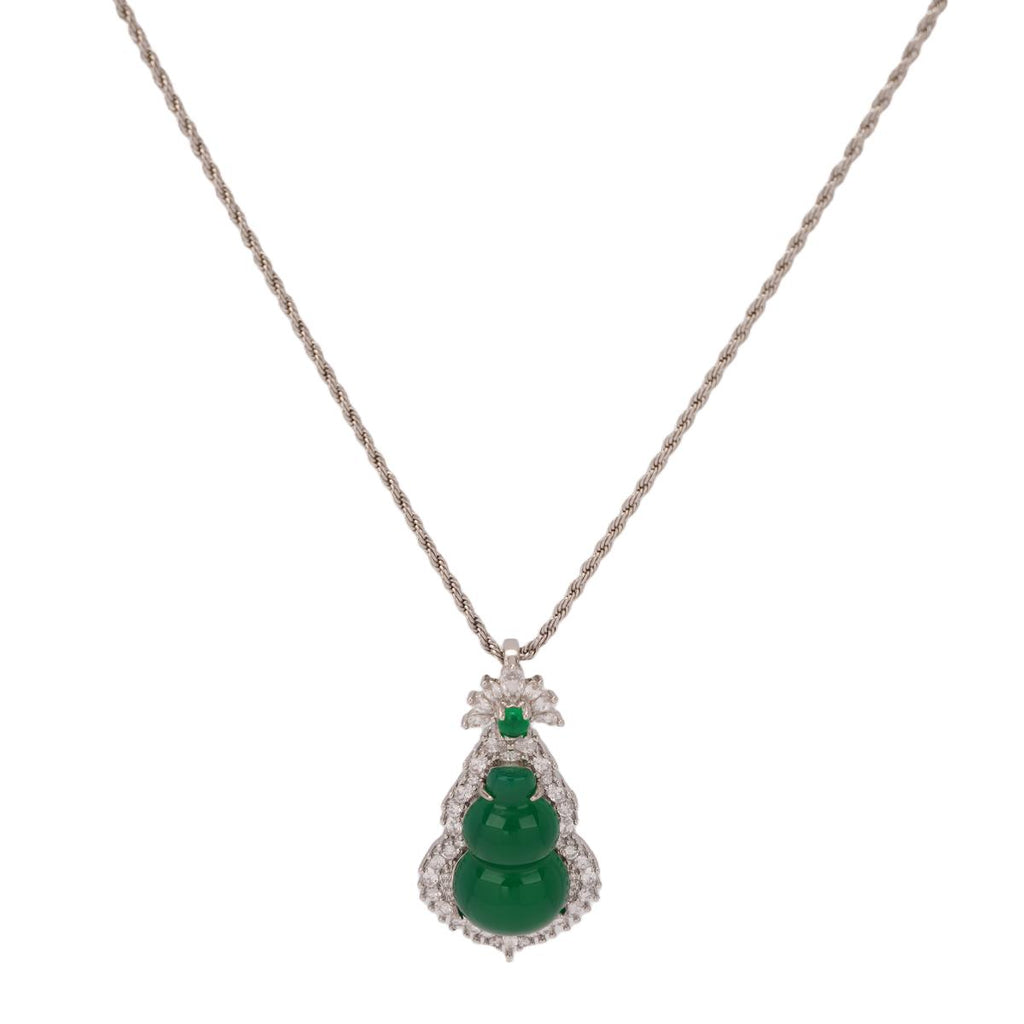【Pendant Necklace】Green Chalcedony Gourd Pendant Necklace with  Alloy Frame & Zircon Accents fashion Jewelry gift for women Fortune Blessing