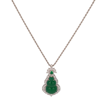 【Pendant Necklace】Green Chalcedony Gourd Pendant Necklace with  Alloy Frame & Zircon Accents fashion Jewelry gift for women Fortune Blessing