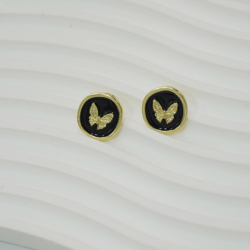 【Stud Earrings】Gold-Edged Black Round Studs W/ Textured Butterfly, Vintage Style