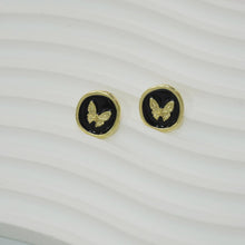 Load image into Gallery viewer, 【Stud Earrings】Gold-Edged Black Round Studs W/ Textured Butterfly, Vintage Style