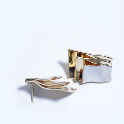 【Stud Earrings】Colden & Pearl White Layered Geometric Earrings, Modern Chic Style, Trendy for Young Women