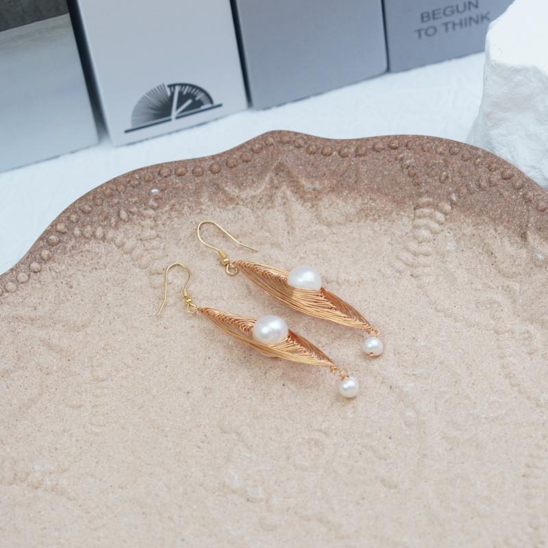 【Drop Earrings】Rose Gold Plated Copper Freshwater Pearl Double Pearl Hollow Ellipse Elegant Frame Graceful Simplicity Lightweight Women's Modern Jewelry
