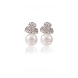【Stud Earring】Silver Floral with Shining Zircon Natural Freshwater Pearl Stud Earring, Women Classic Earring for Working or Dating