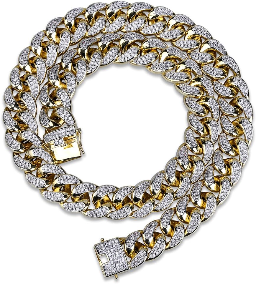YOSZO 14mm/18mm 18K Gold Plated Iced Out CZ Lab Diamond Miami Mens Choker Cuban Link Chain for Women Necklace Hip Hop