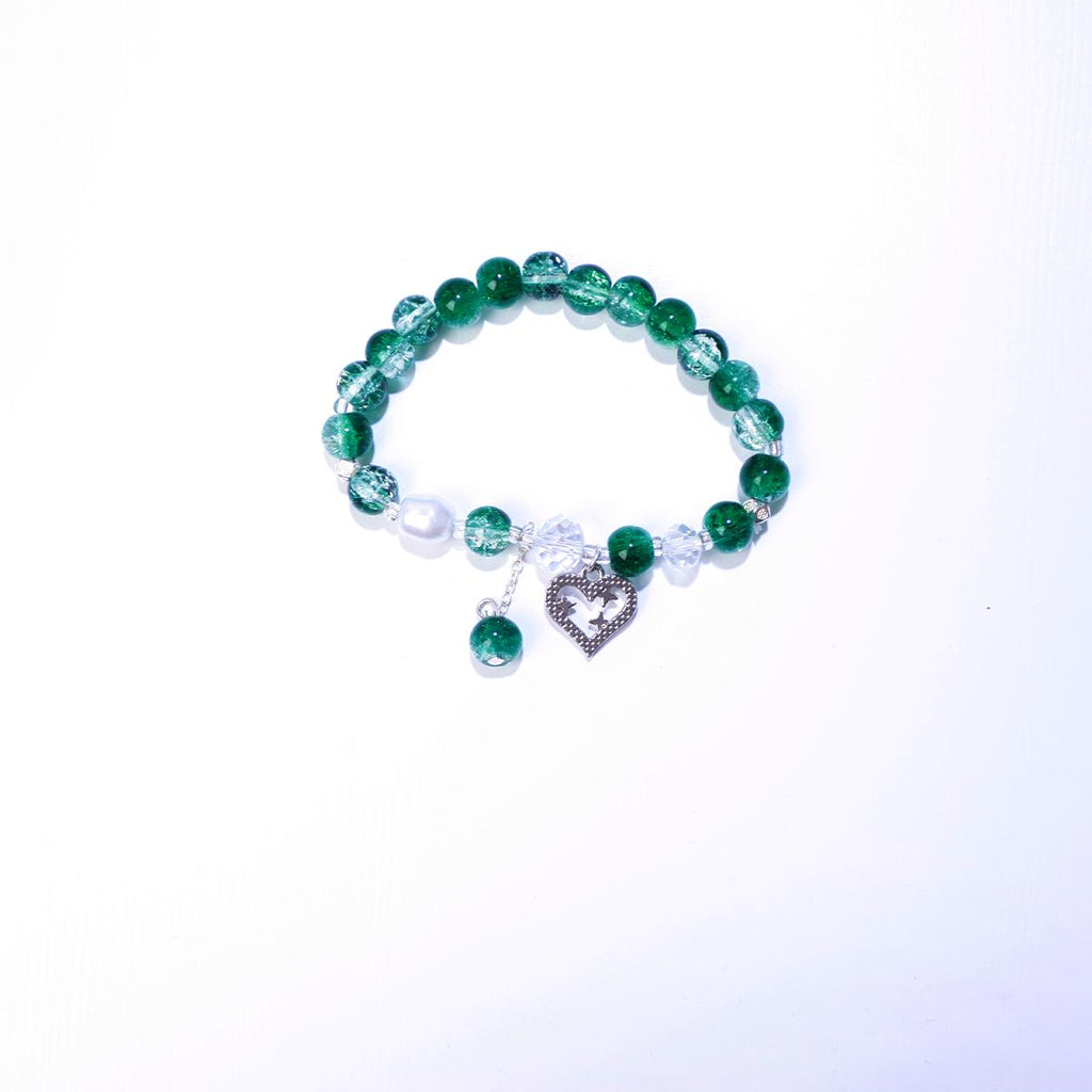 Gelang Manik, Hijau Zamrud dan Putih, Loket Jantung Warna Perak, Barang Kemas Elegan, Hadiah untuk Wanita, Gelang
