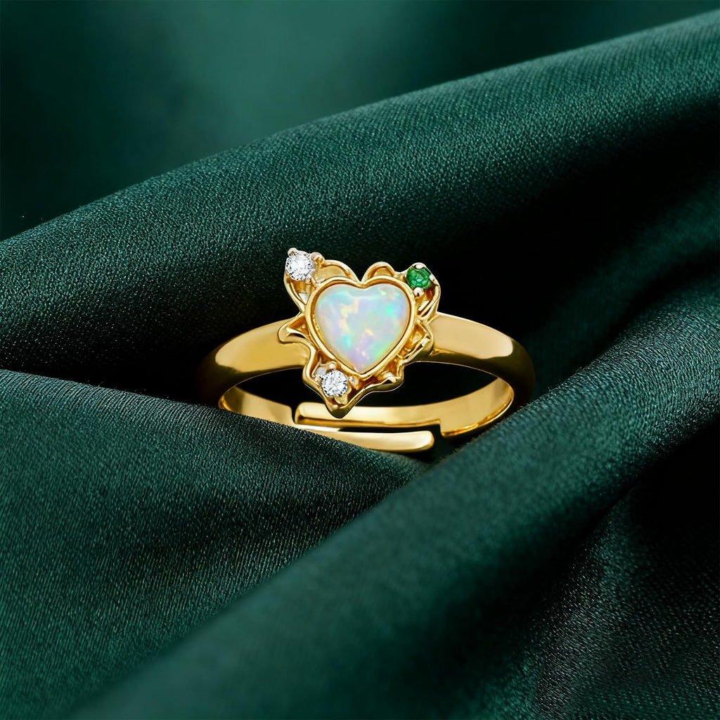 Adjustable Heart Opal Ring for Women, 14K Gold Plated 925 Sterling Silver, Heart-Shaped Synthetic Opal with Green & Clear Zirconia Halo, Size 7 Romantic Jewelry Gift