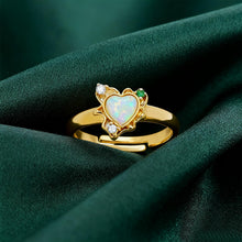 Load image into Gallery viewer, Adjustable Heart Opal Ring for Women, 14K Gold Plated 925 Sterling Silver, Heart-Shaped Synthetic Opal with Green &amp; Clear Zirconia Halo, Size 7 Romantic Jewelry Gift