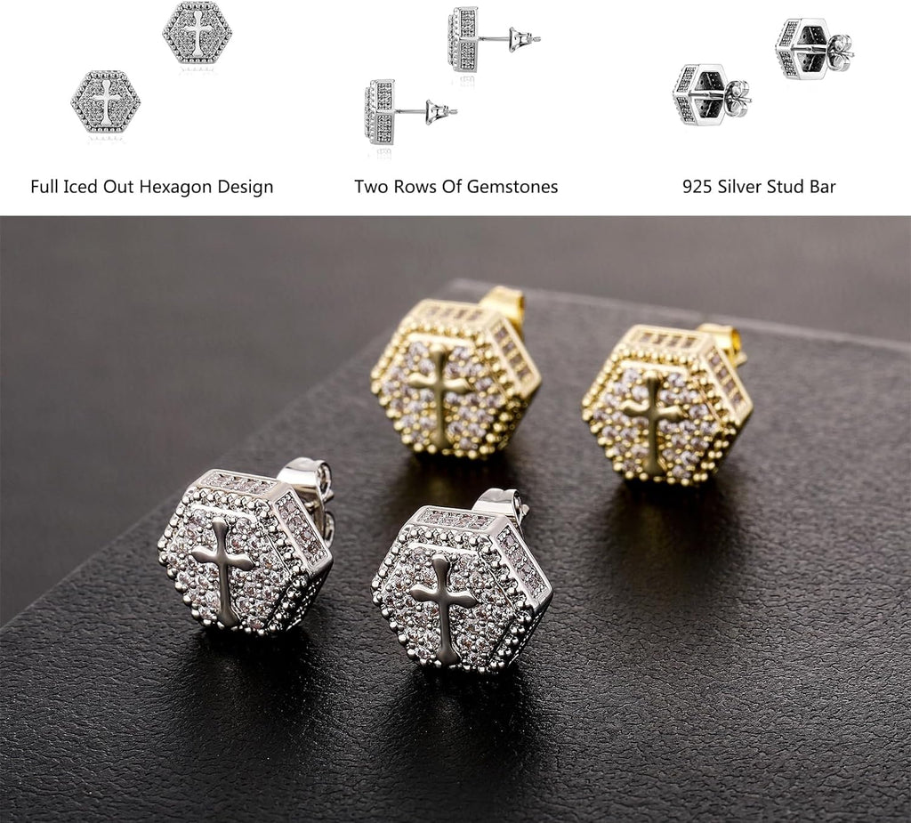 YOSZO Cross Square Stud Earrings 14K Gold Silver 5A+ Cubic Zirconia Iced Out Sparkle hypoallergenic Cartilage 925 Sterling Silver Square Flat Stud Cross Earrings For Men Women