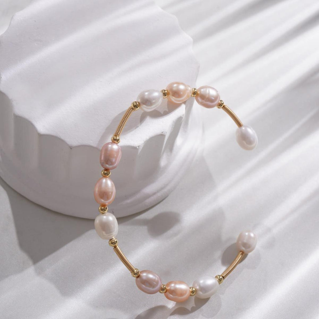 【Bracelet】Open-Ended Design Copper Bracelet with Three Colors Natural Pearl, Low-Profile Delicate Bracelet for Women