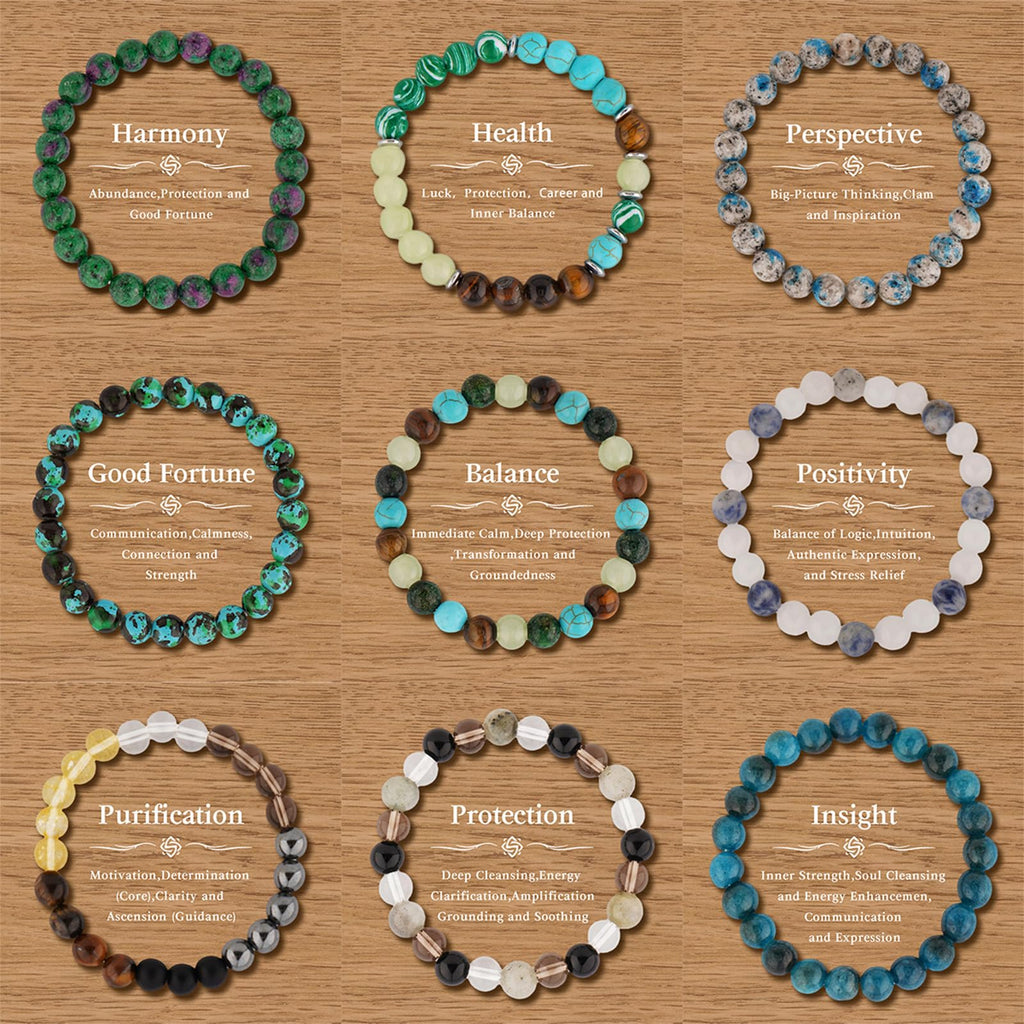 9PCS Healing Crystal Bracelet Set for Women & Men, 8mm Natural Stone Beaded Bracelets for Anxiety Relief, Good Luck & Protection, Unisex Yoga Meditation Spiritual Jewelry Gift
