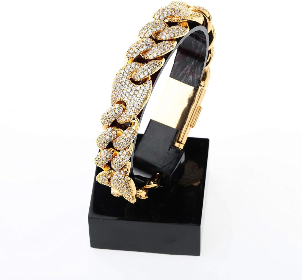 YOSZO 16mm 6 Times 14K Gold Plated Iced Out Prong Setting Cubic Zirconia Miami Cuban Link Bracelet for Men with Box Clasp Hip Hop