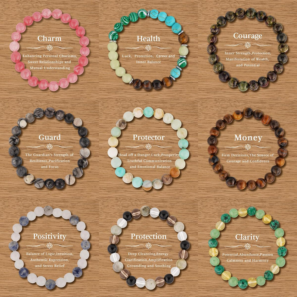 9PCS Healing Crystal Bracelet Set for Women & Men, 8mm Natural Stone Beaded Bracelets for Anxiety Relief, Good Luck & Protection, Unisex Yoga Meditation Spiritual Jewelry Gift