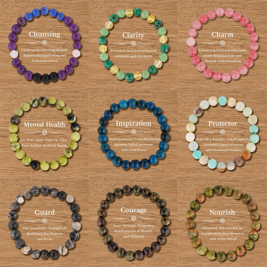 9PCS Healing Crystal Bracelet Set for Women & Men, 8mm Natural Stone Beaded Bracelets for Anxiety Relief, Good Luck & Protection, Unisex Yoga Meditation Spiritual Jewelry Gift