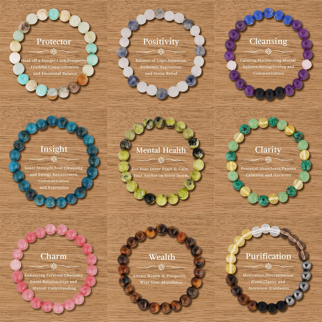 9PCS Healing Crystal Bracelet Set for Women & Men, 8mm Natural Stone Beaded Bracelets for Anxiety Relief, Good Luck & Protection, Unisex Yoga Meditation Spiritual Jewelry Gift