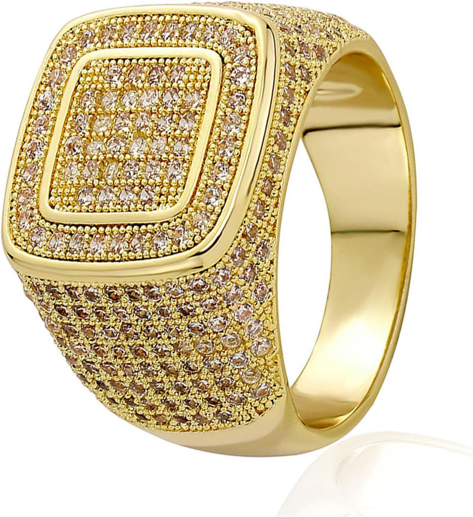 YOSZO Men Ring 14K Gold Plated Cluster Iced Out Lab Simulated Diamond Band Micropave Bling Wedding Pinky Ring for Women