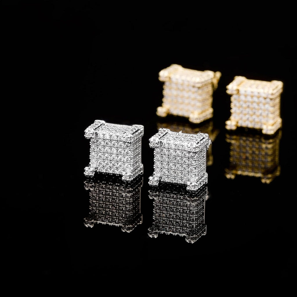 YOSZO 925 Sterling Silver Square Screw Stud Earrings 14K Gold 5A+ Cubic Zirconia Iced Out Square Screw Back Hypoallergenic Cube Large Stud Earrings For Men Women